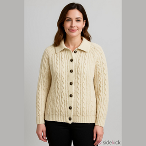 Cream cable fisherman cardigan Large womens handknit neutral Classic